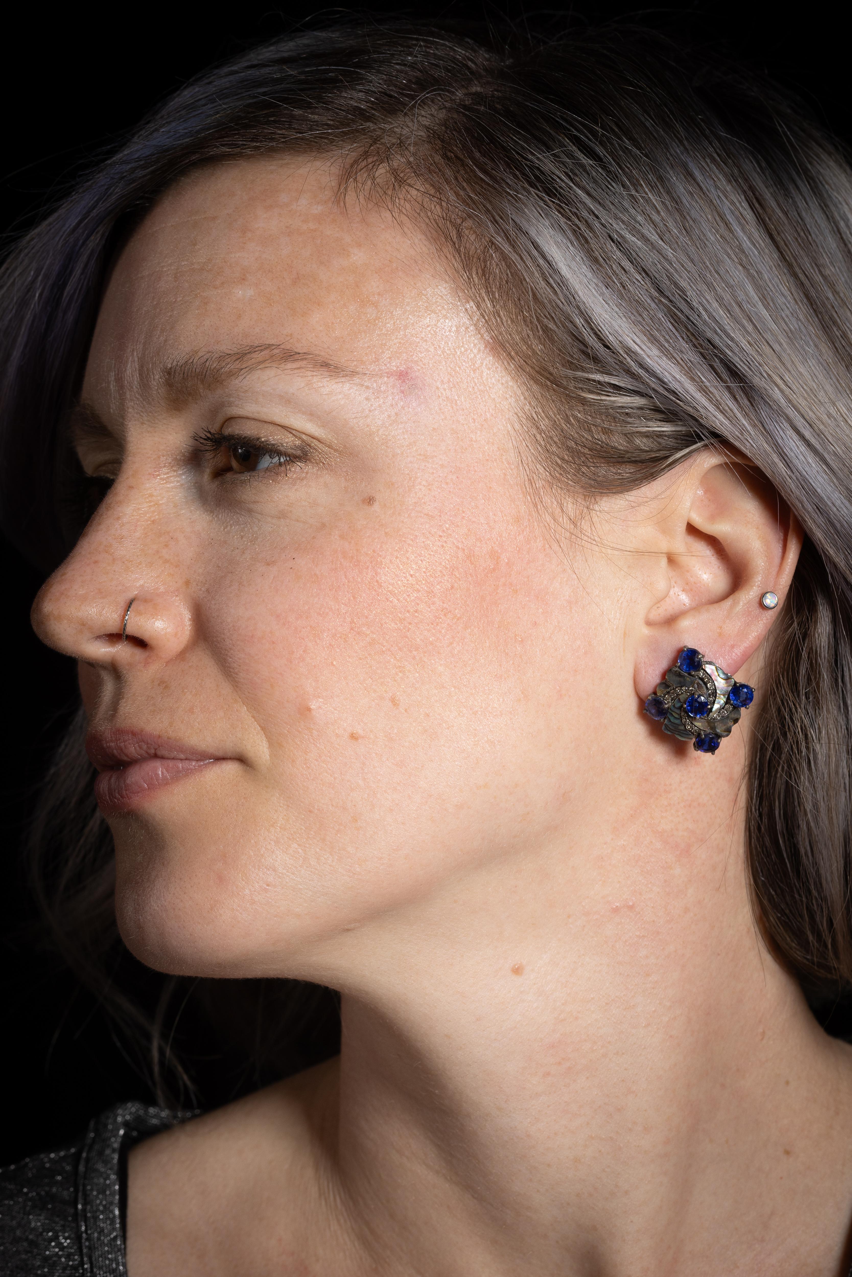 Abalone, Kyanite and Diamond Stud Earrings In Excellent Condition For Sale In Nantucket, MA