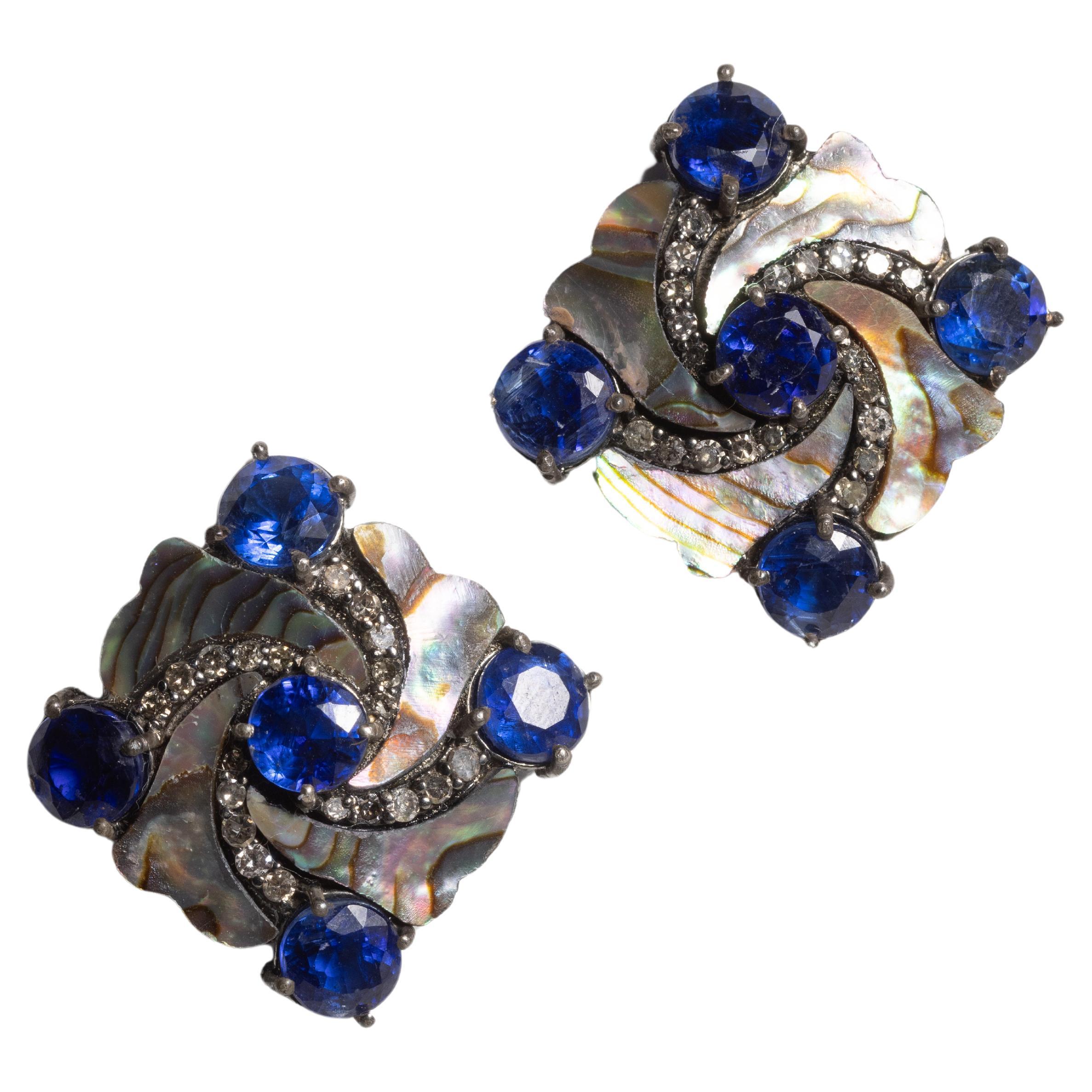 Abalone, Kyanite and Diamond Stud Earrings For Sale