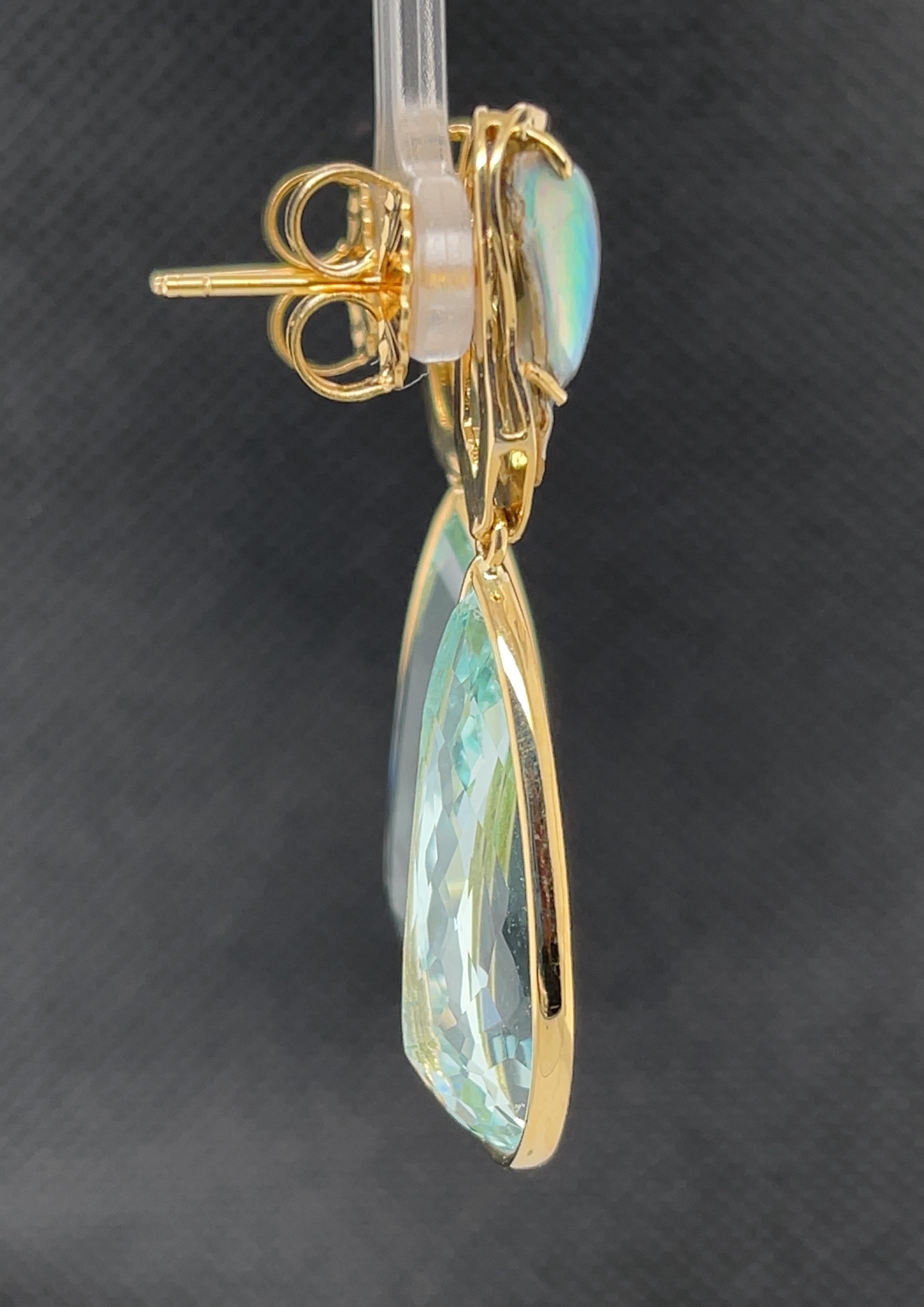 Artisan Abalone Baroque Pearl and Pear Shaped Aquamarine Drop Earrings in Yellow Gold For Sale