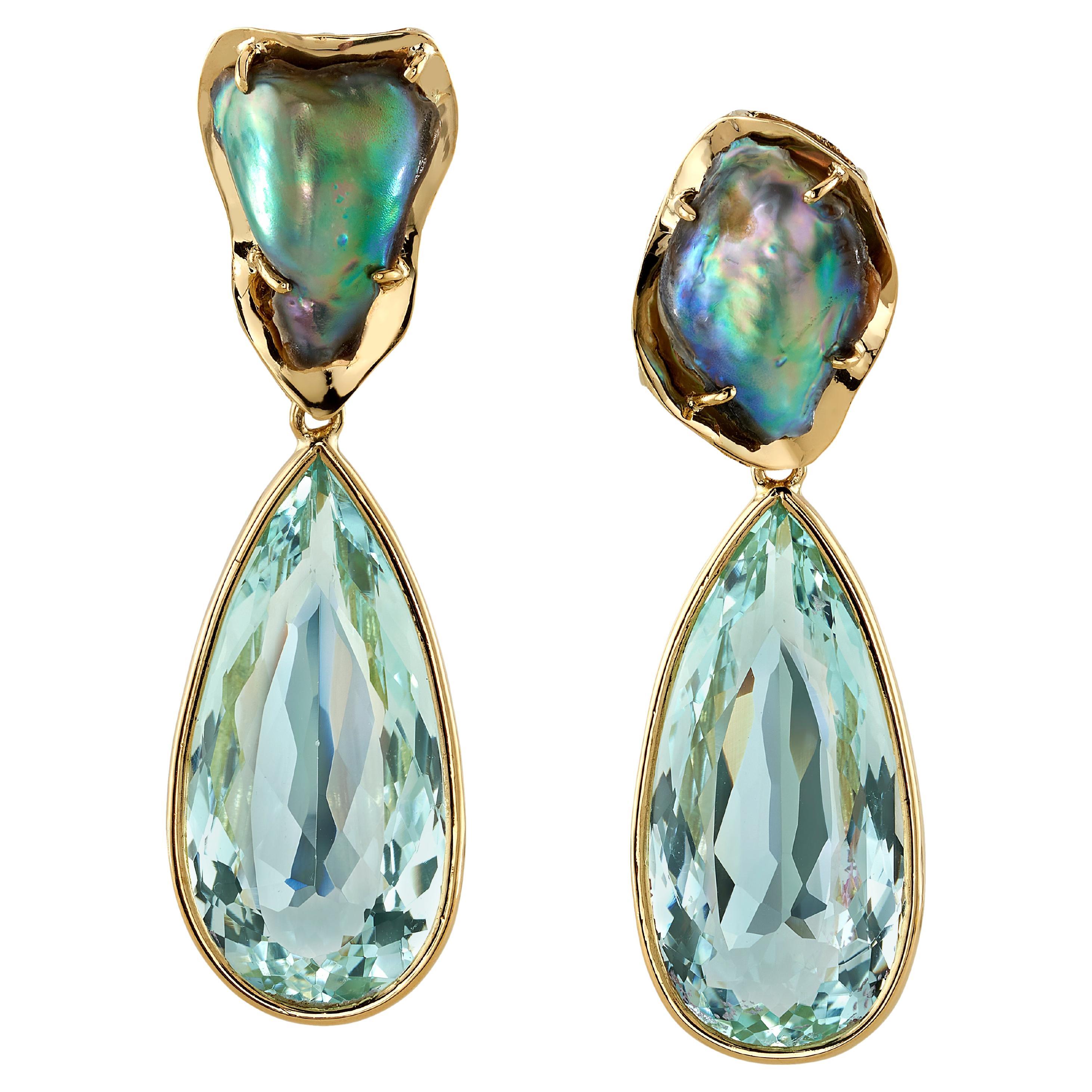 Abalone Baroque Pearl and Pear Shaped Aquamarine Drop Earrings in Yellow Gold For Sale