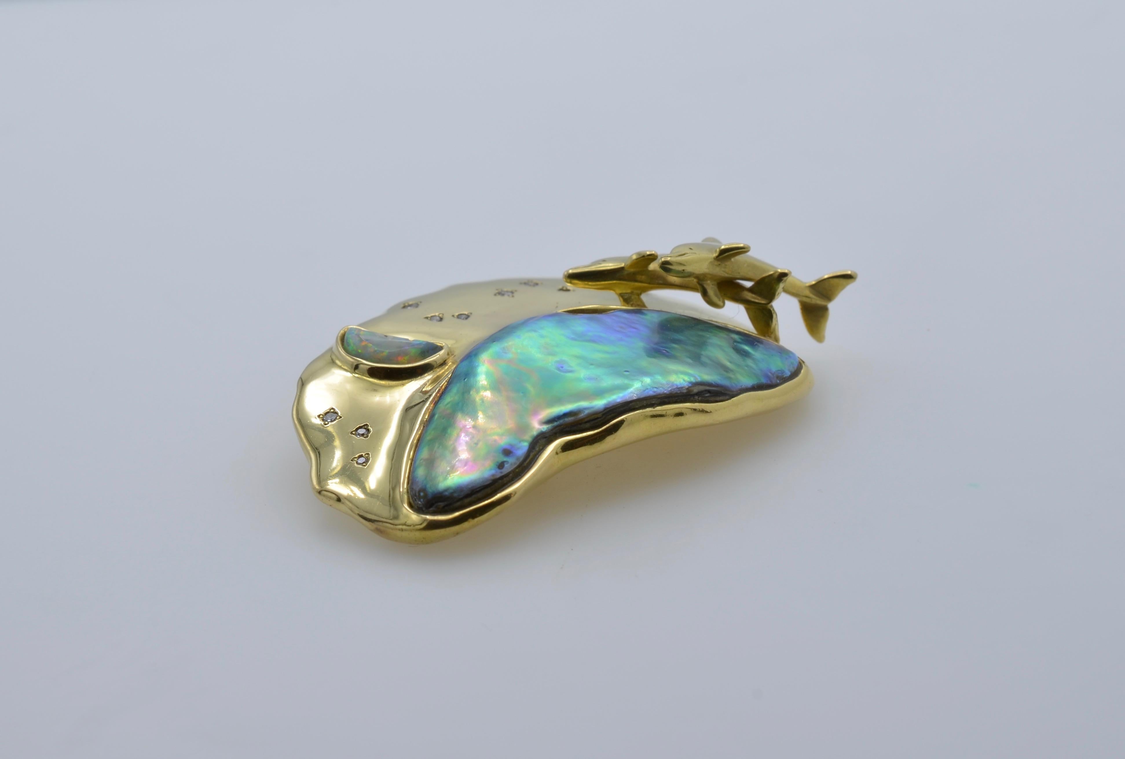 Modernist Natural Pearl, Diamond, Opal and 18 Karat Gold Dolphin Slider Pendant circa 1995