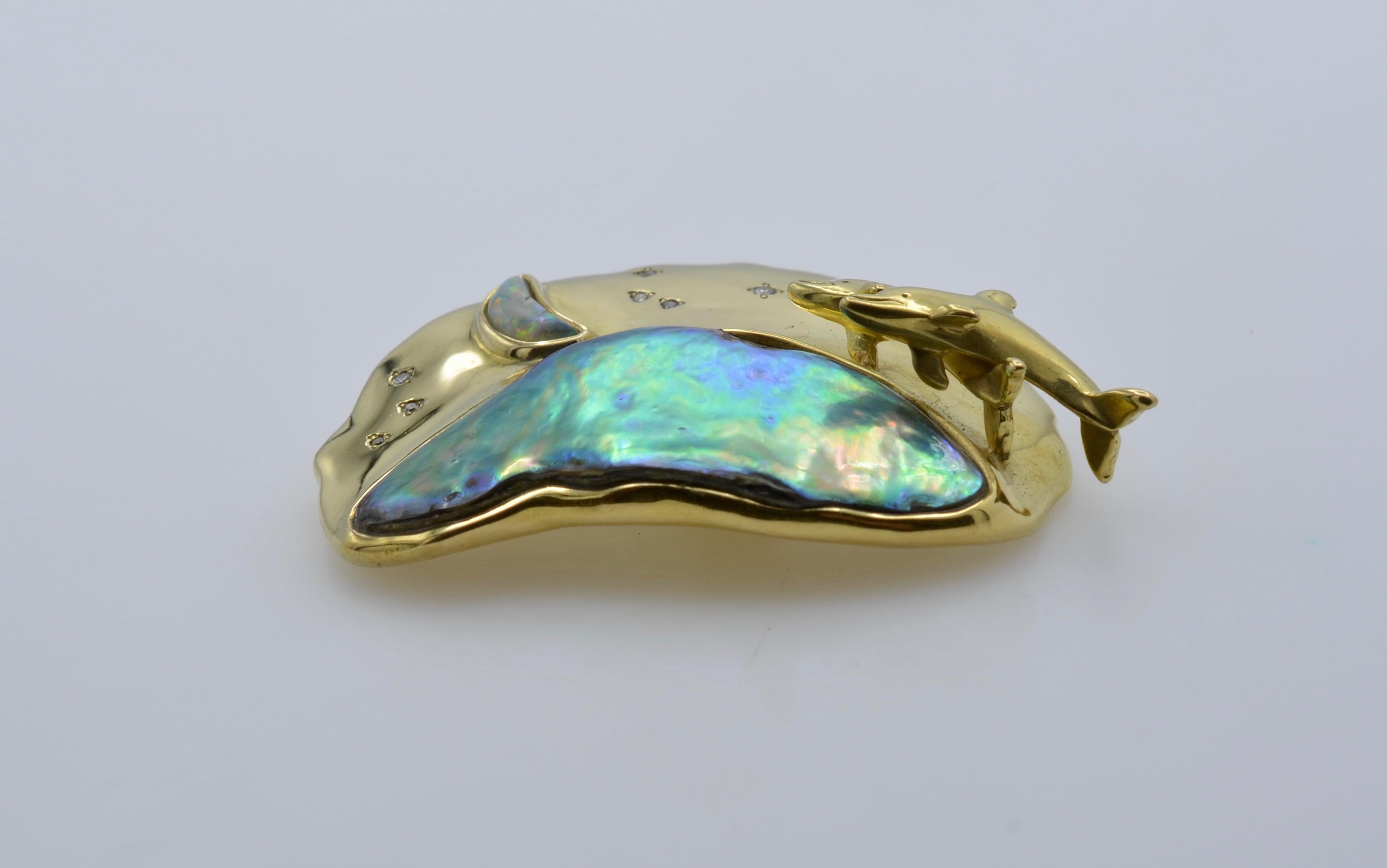 Round Cut Natural Pearl, Diamond, Opal and 18 Karat Gold Dolphin Slider Pendant circa 1995