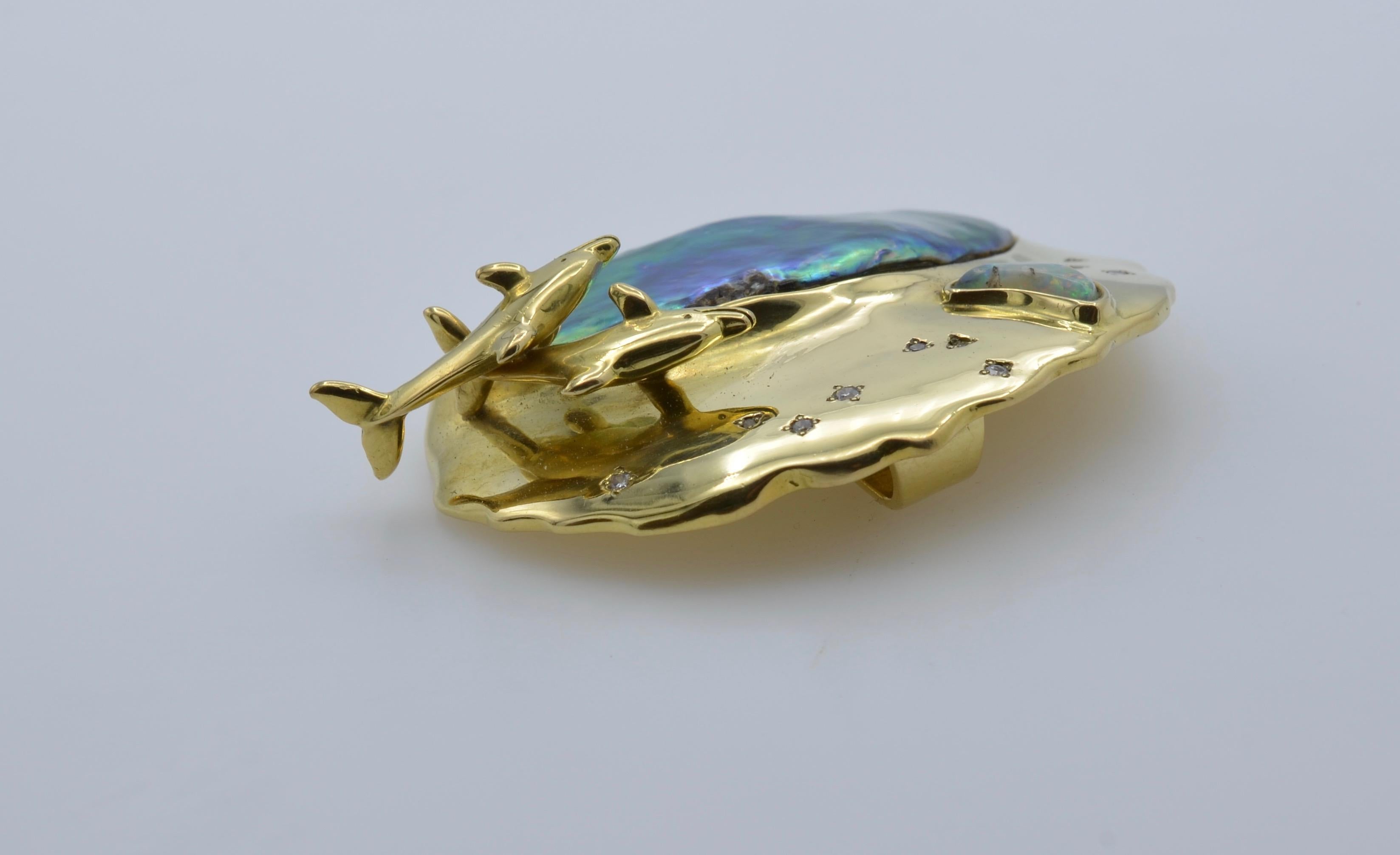 Natural Pearl, Diamond, Opal and 18 Karat Gold Dolphin Slider Pendant circa 1995 In Excellent Condition In Berkeley, CA