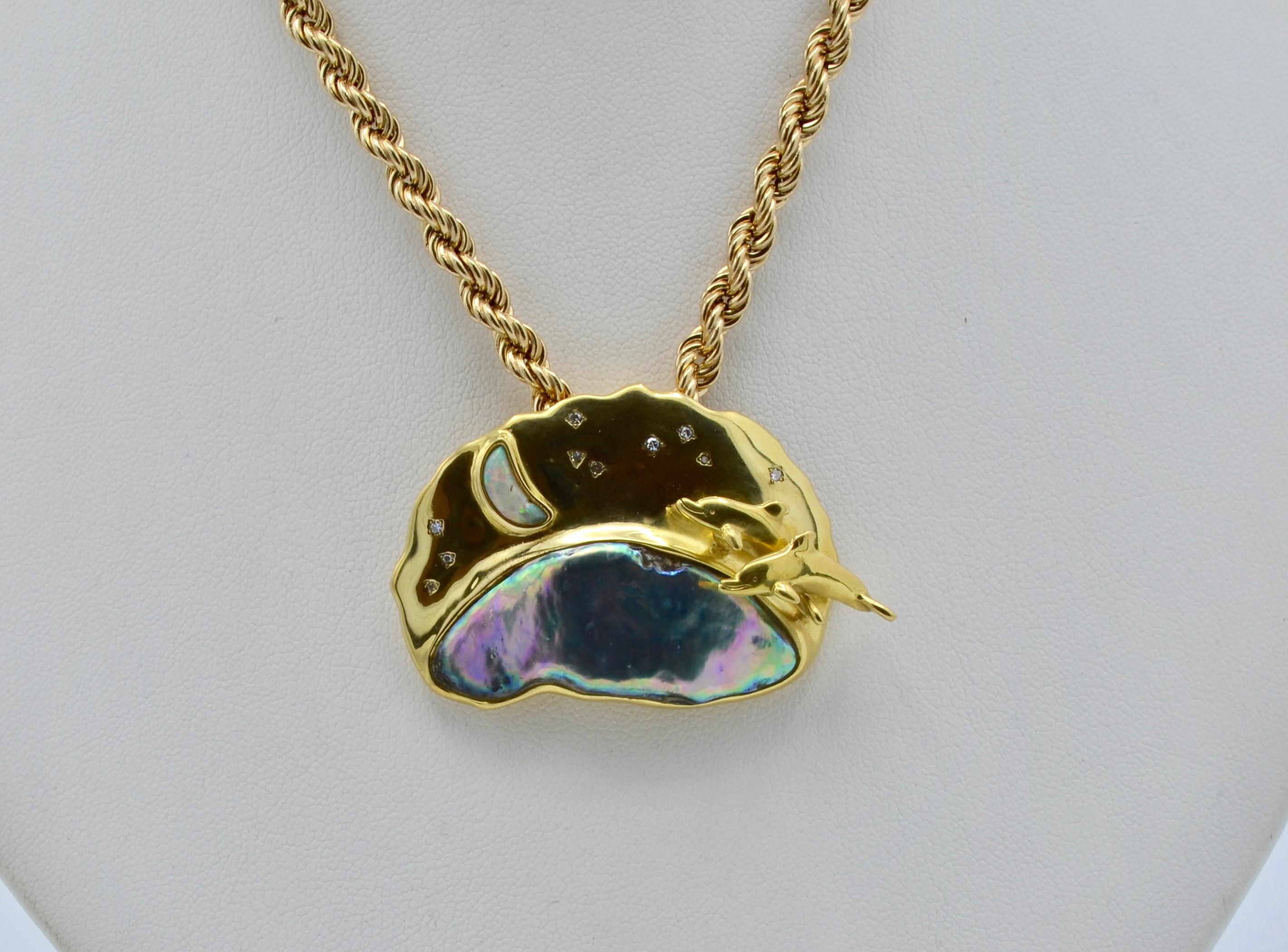 Natural Pearl, Diamond, Opal and 18 Karat Gold Dolphin Slider Pendant circa 1995 2