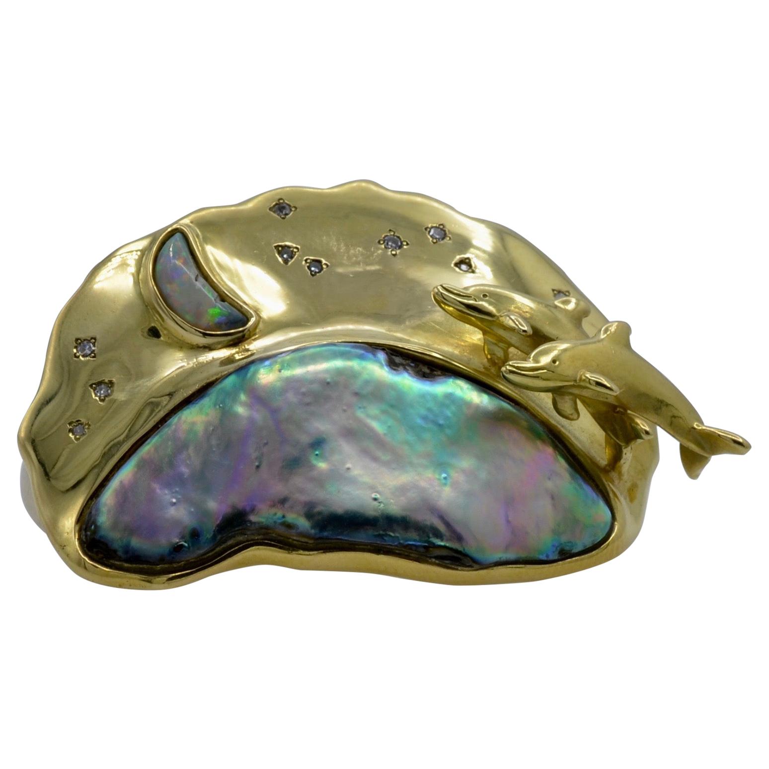 Natural Pearl, Diamond, Opal and 18 Karat Gold Dolphin Slider Pendant circa 1995