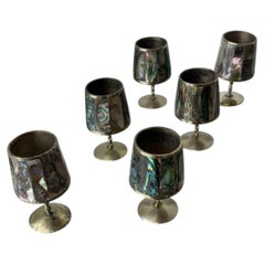 Abalone Shell & Alpaca Shot Glasses, set of 6, Mexico, 1970's