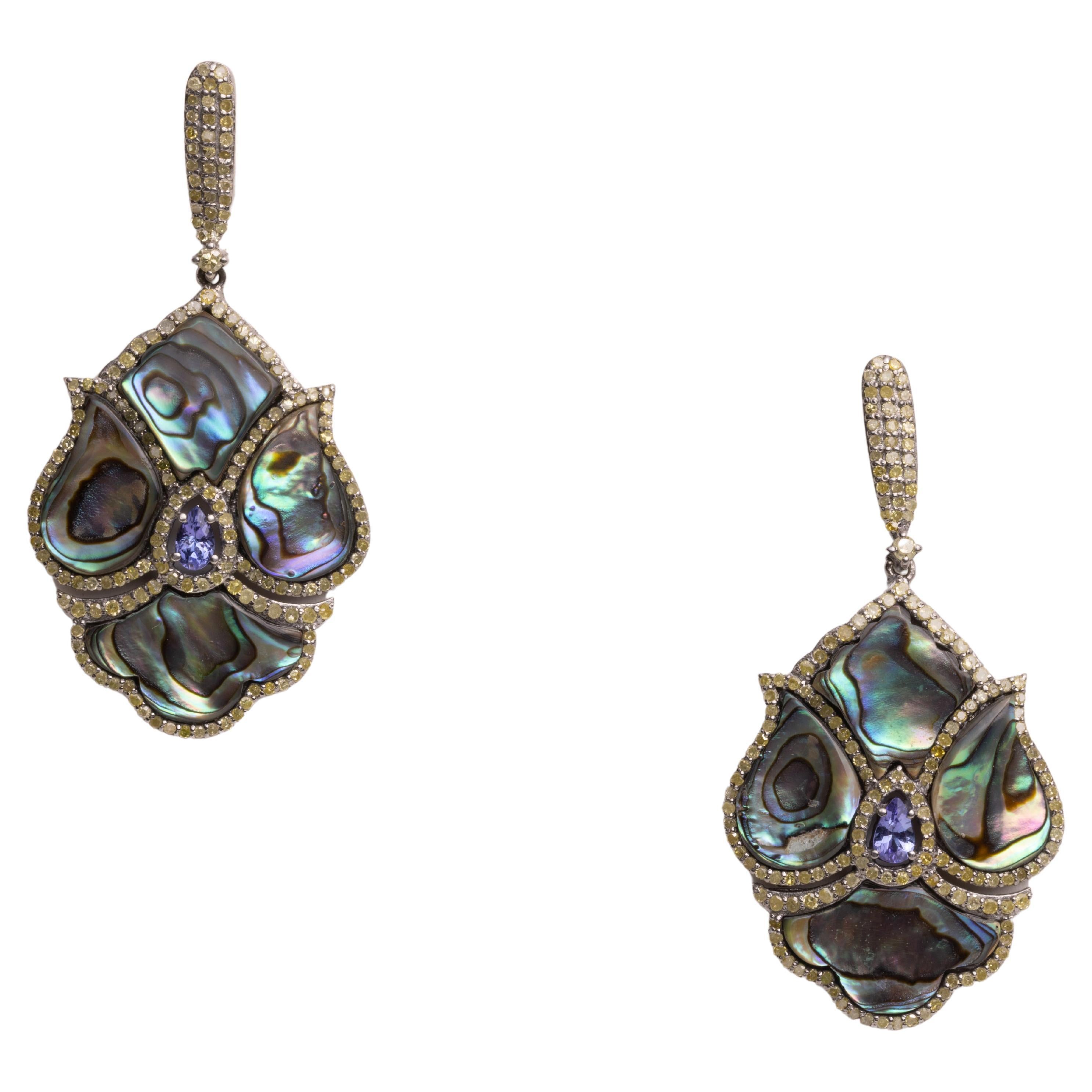 Abalone Shell, Diamonds and Tanzanite Dangle Earrings For Sale