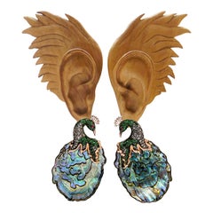 Abalone Shell Diamonds Gold Silver Peacock Drop Earrings