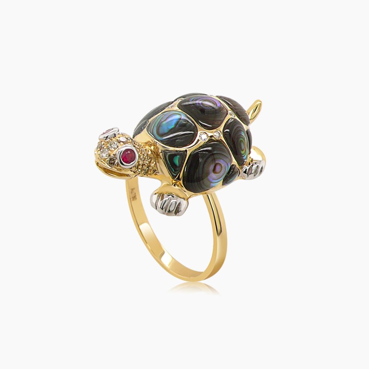 Abalone Muschel Fancy Diamant Rubin & Weißer Diamant 18K Rose Gold Schildkröte Ring (Gemischter Schliff) im Angebot