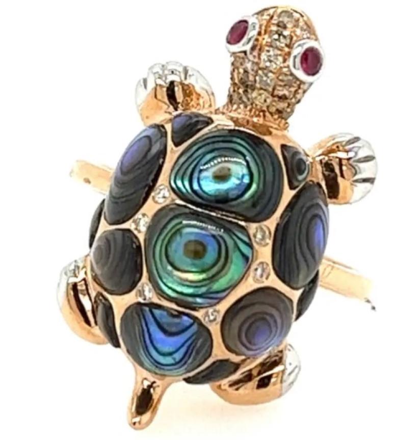 Abalone Muschel Fancy Diamant Rubin & Weißer Diamant 18K Rose Gold Schildkröte Ring im Zustand „Neu“ im Angebot in Oakton, VA