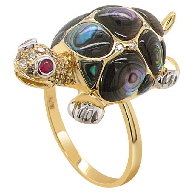 Abalone Muschel Fancy Diamant Rubin & Weißer Diamant 18K Rose Gold Schildkröte Ring