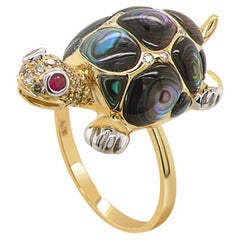 Abalone Muschel Fancy Diamant Rubin & Weißer Diamant 18K Rose Gold Schildkröte Ring