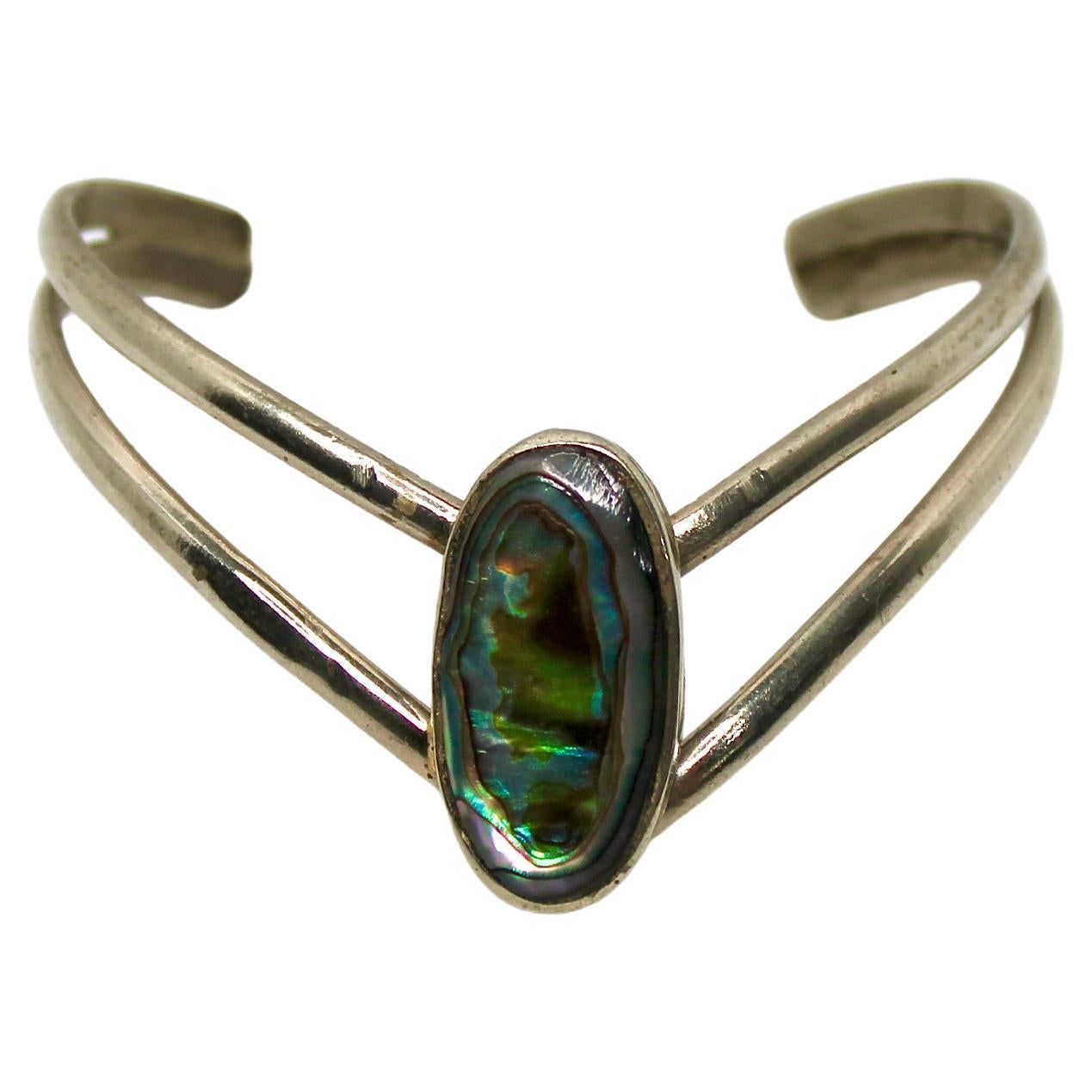 Abalone Shell Inlay Sterling Silver Vintage Cuff Bracelet