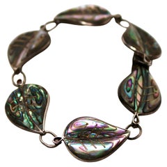 Abalone Shell Leaf Motif Sterling Silver Vintage Bracelet