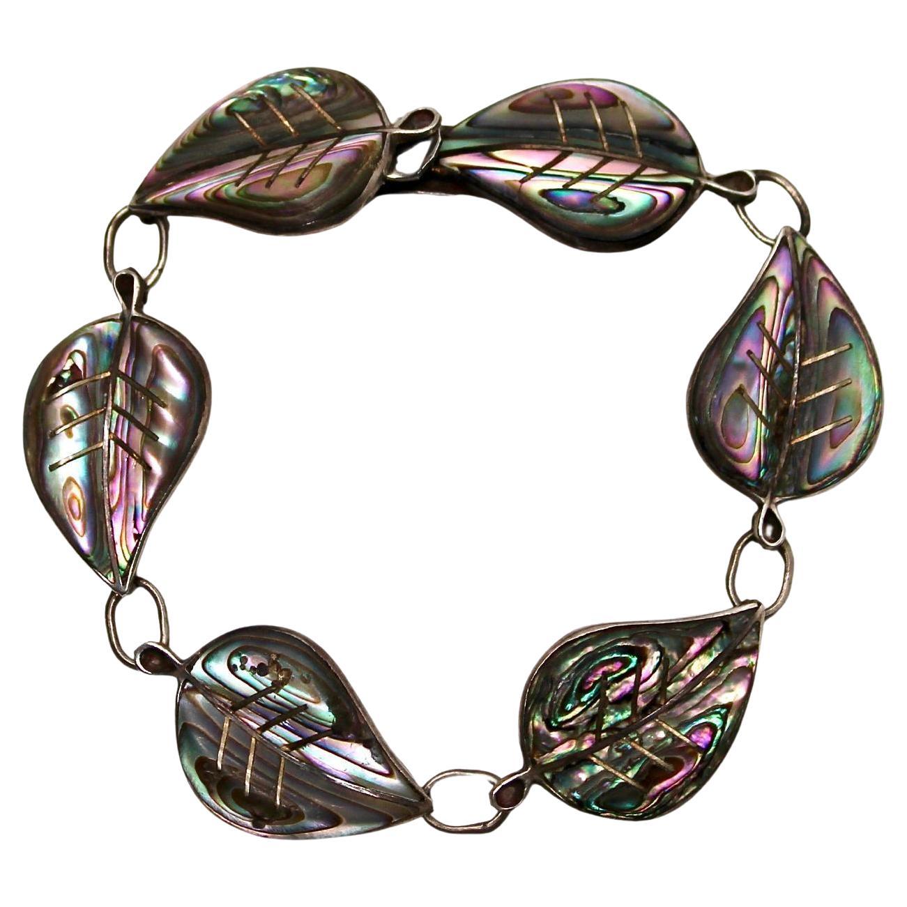 Abalone Shell Leaf Motif Sterling Silver Vintage Bracelet For Sale