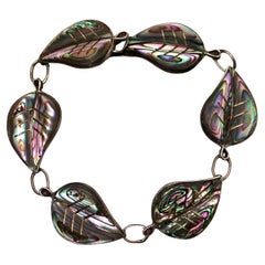 Abalone Shell Leaf Motif Sterling Silver Vintage Bracelet