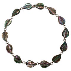 Abalone Shell Leaf Motif Sterling Silver Vintage Necklace