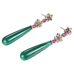 Abalone Shell Malachite Ruby Dangle Earrings in 14 Karat Yellow Gold