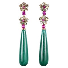 Abalone Shell Malachite Ruby Dangle Earrings in 14 Karat Yellow Gold