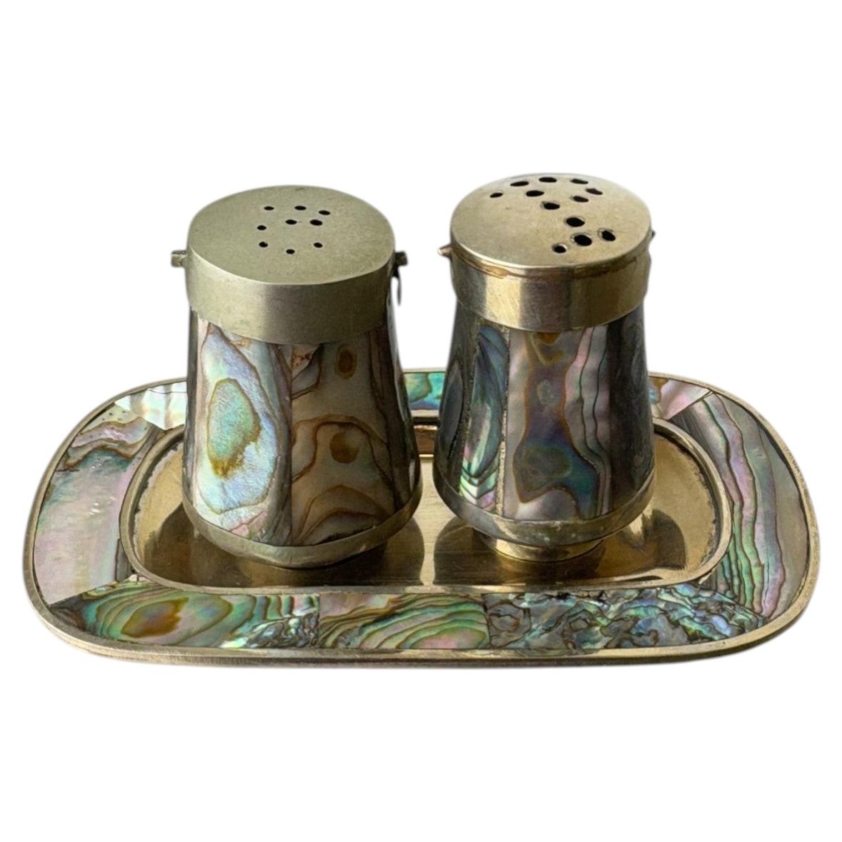 Abalone shell salt & pepper shakers with tray, Alpaca Mexico, 1970s
