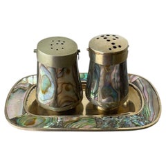 Abalone shell salt & pepper shakers with tray, Alpaca Mexico, 1970s