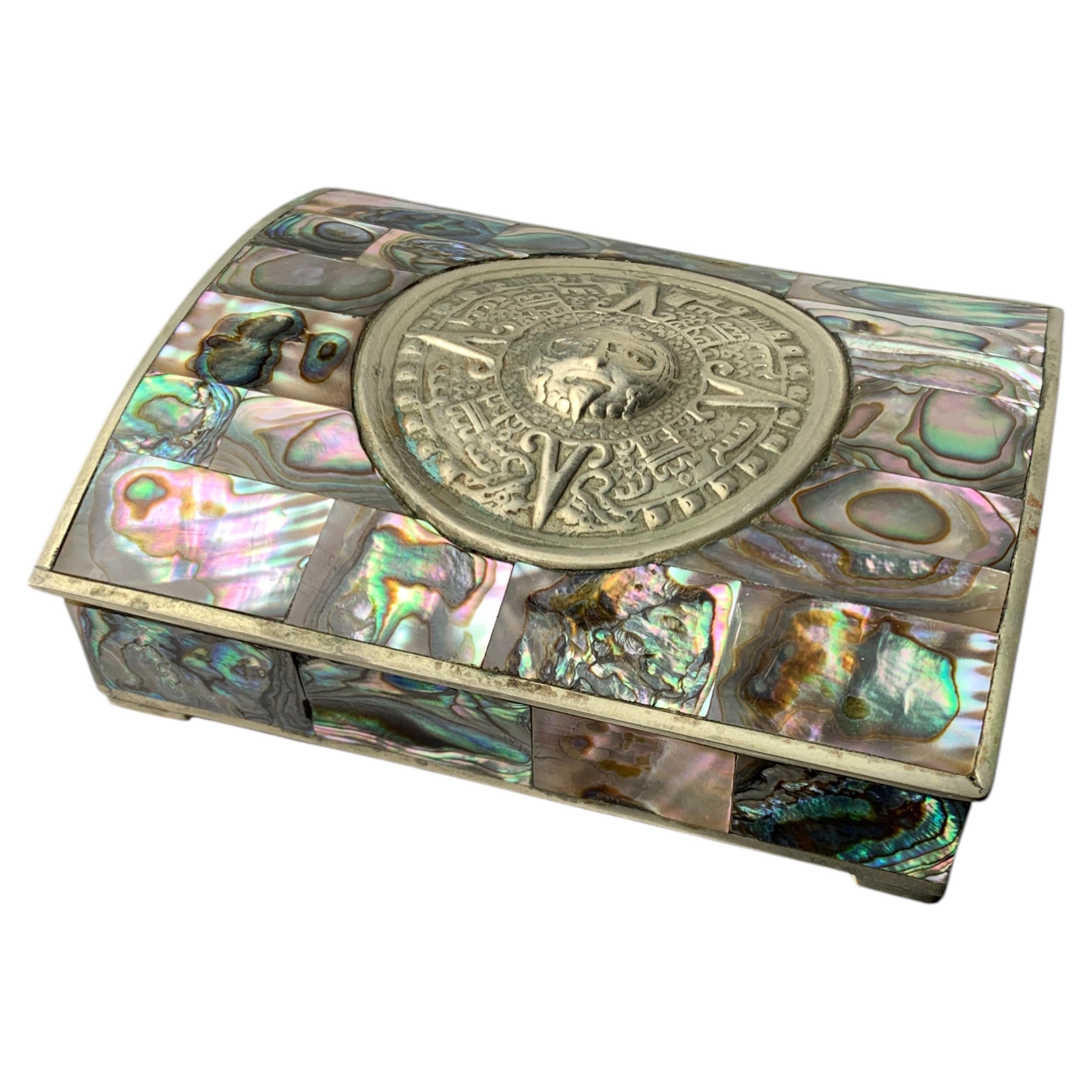 Abalone shell vanity box, Alpaca & wood, Mexico, 1970s For Sale