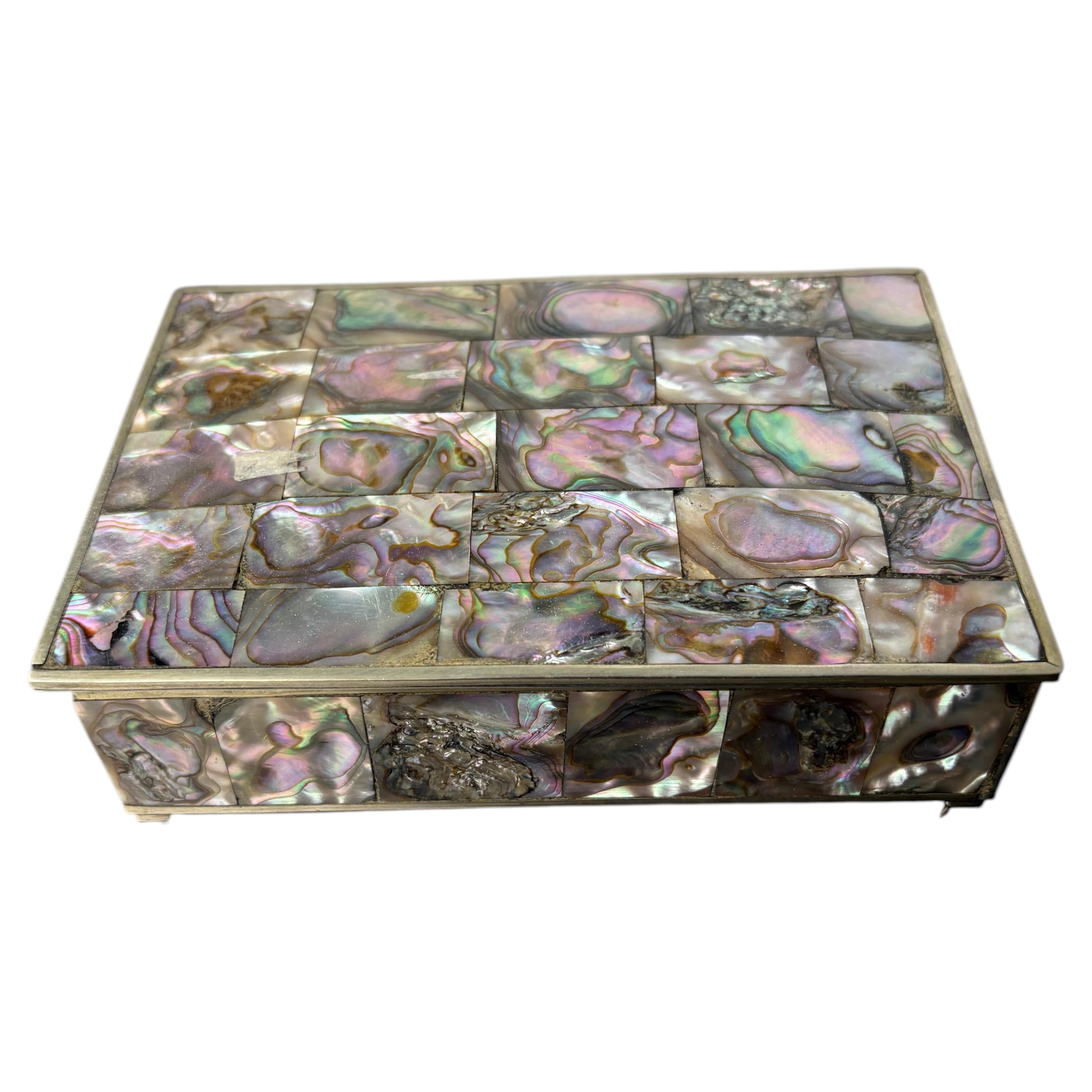 Abalone shell vanity box, Alpaca & wood, Mexico, circa 1970