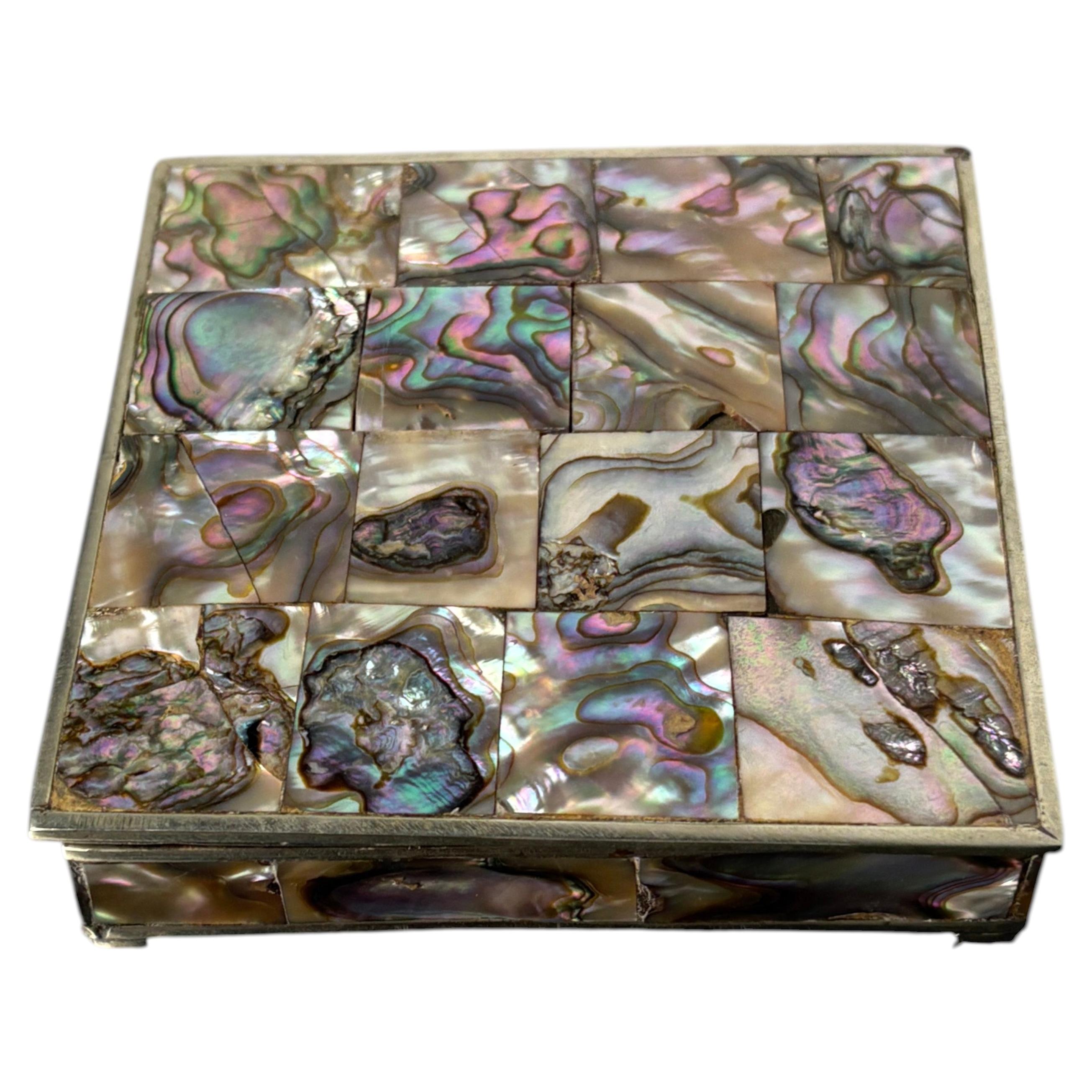 Abalone shell vanity box, Alpaca & wood, Mexico, circa 1970's