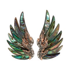 Abalone Shell White Diamonds Silver Gold Drop Earrings