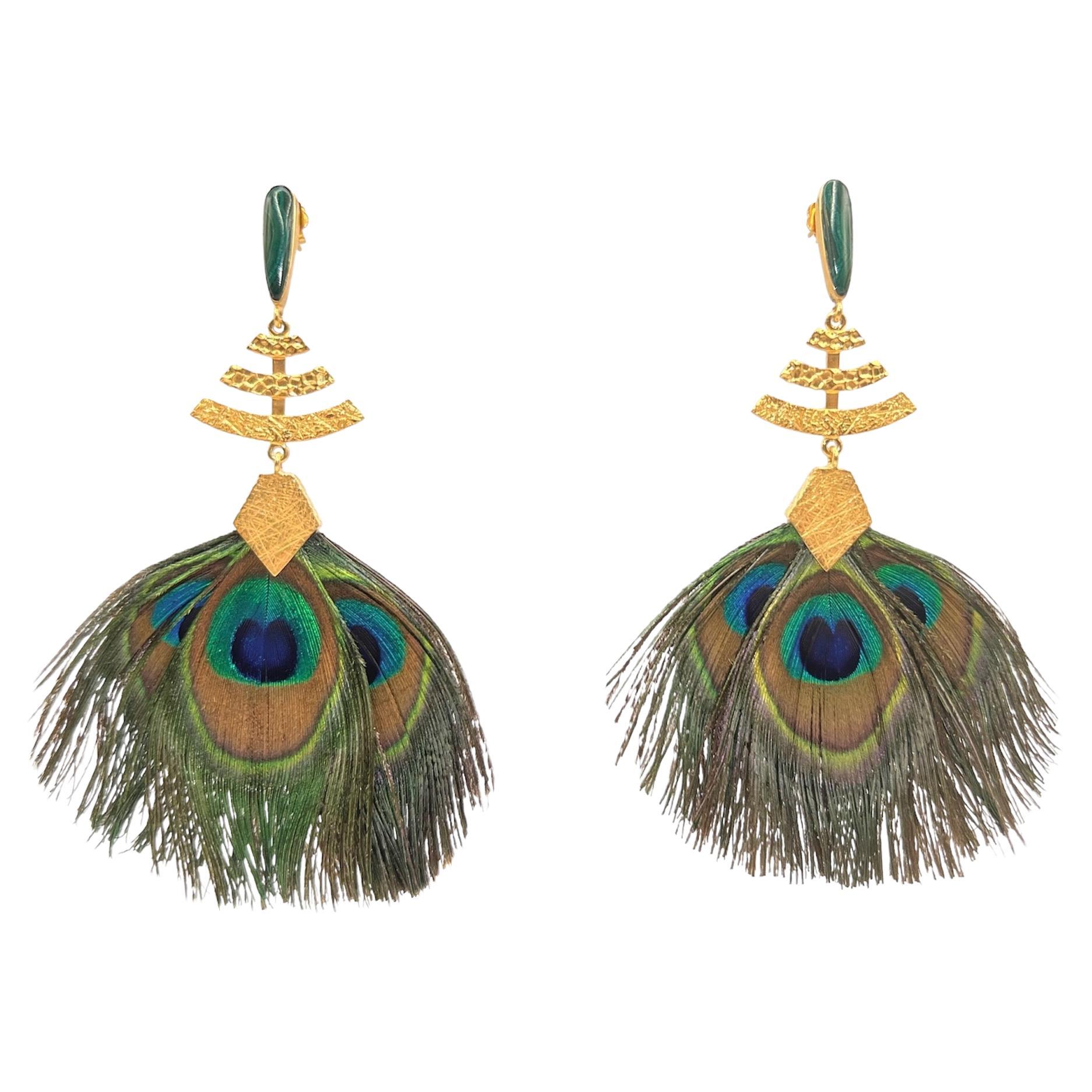 Abanico Earrings in 14k Yellow Gold, Peacock Feathers, and Malachite For Sale