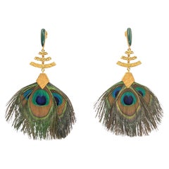 Abanico Earrings in 14k Yellow Gold, Peacock Feathers, and Malachite