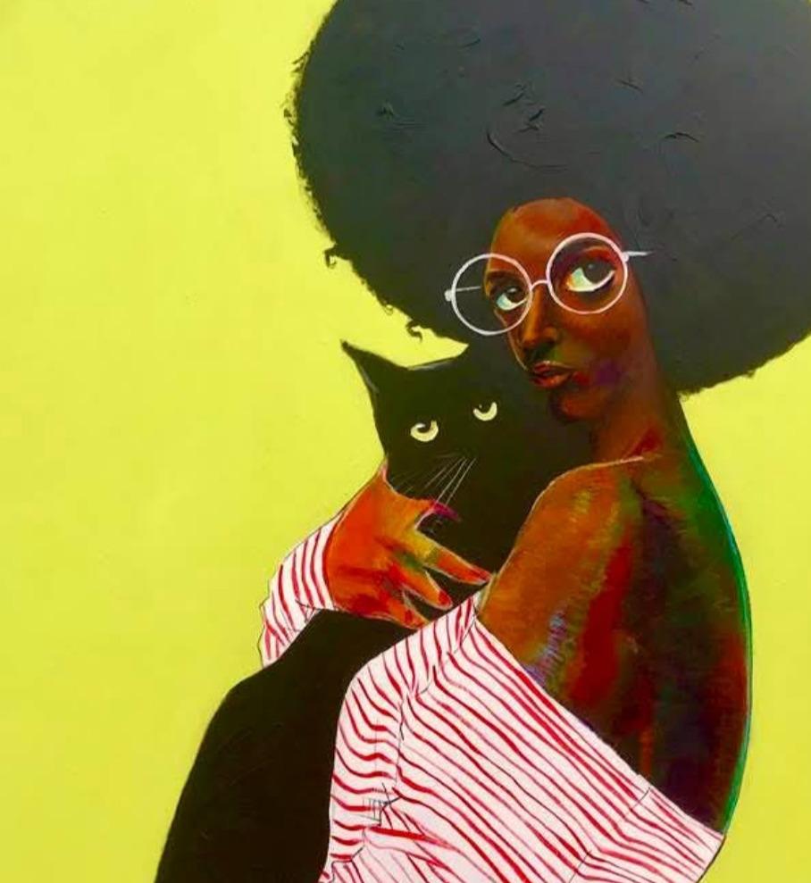 Meilleure amie - 21e siècle, Contemporain, Figuratif, Portrait, Femmes, Amour, Chat - Conceptuel Painting par Abayomi Odetomi