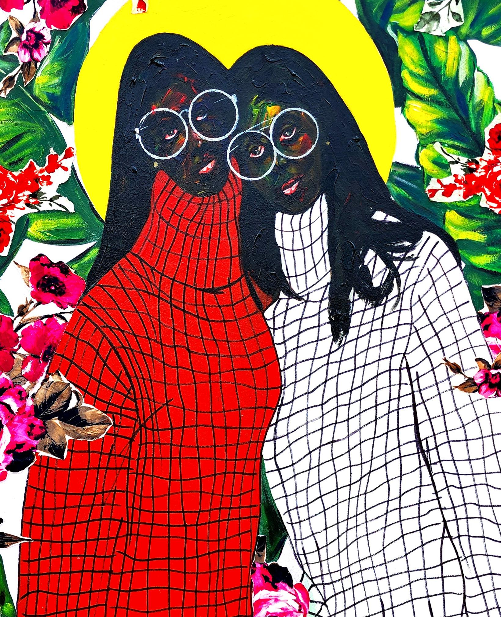 Bestty - 21e siècle, Contemporary, Figurative, Portrait, Women, Love, Floral - Rouge Figurative Painting par Abayomi Odetomi