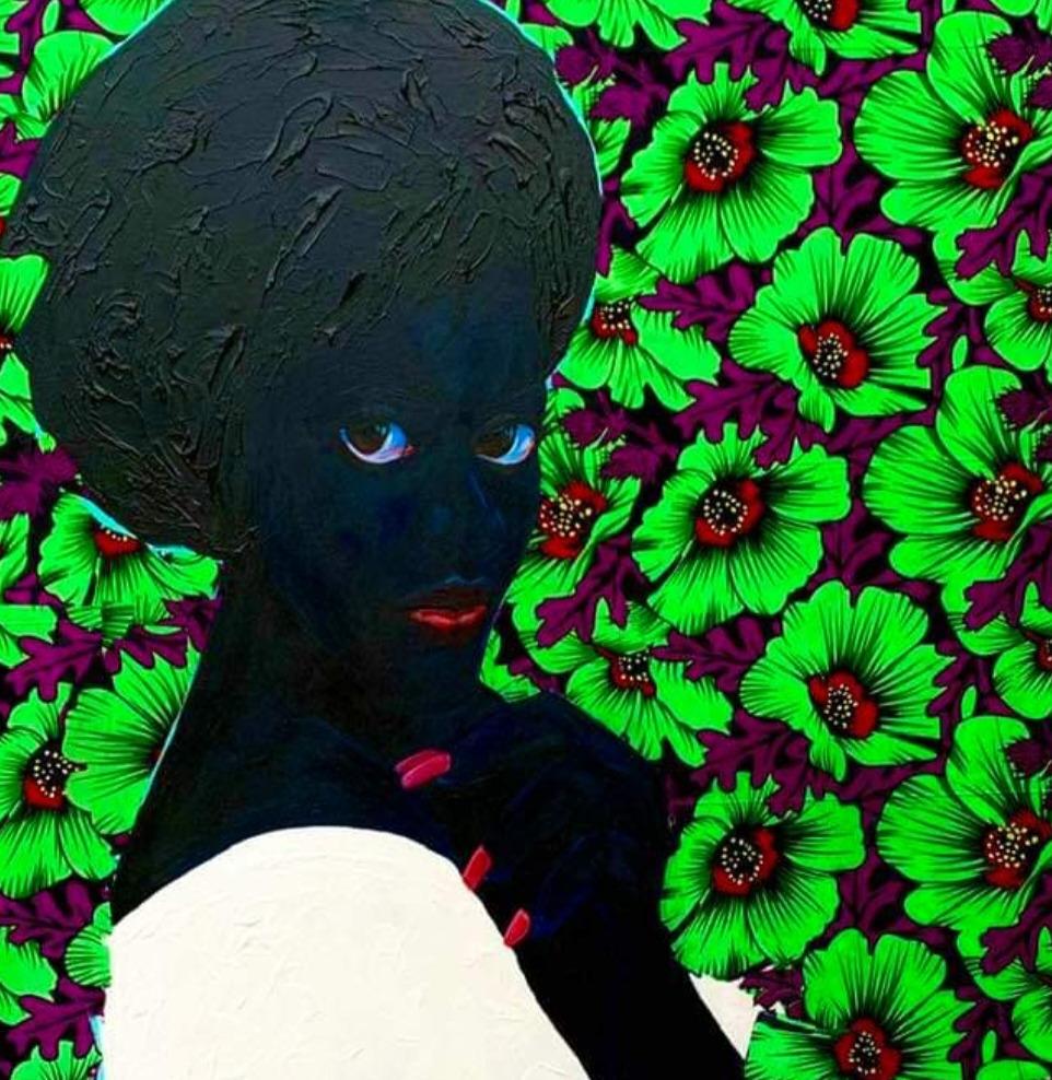 Perla - 21° secolo, Contemporaneo, Figurativo, Ritratto, Donne, Amore, Floreale - Portrait Painting Nero di Abayomi Odetomi