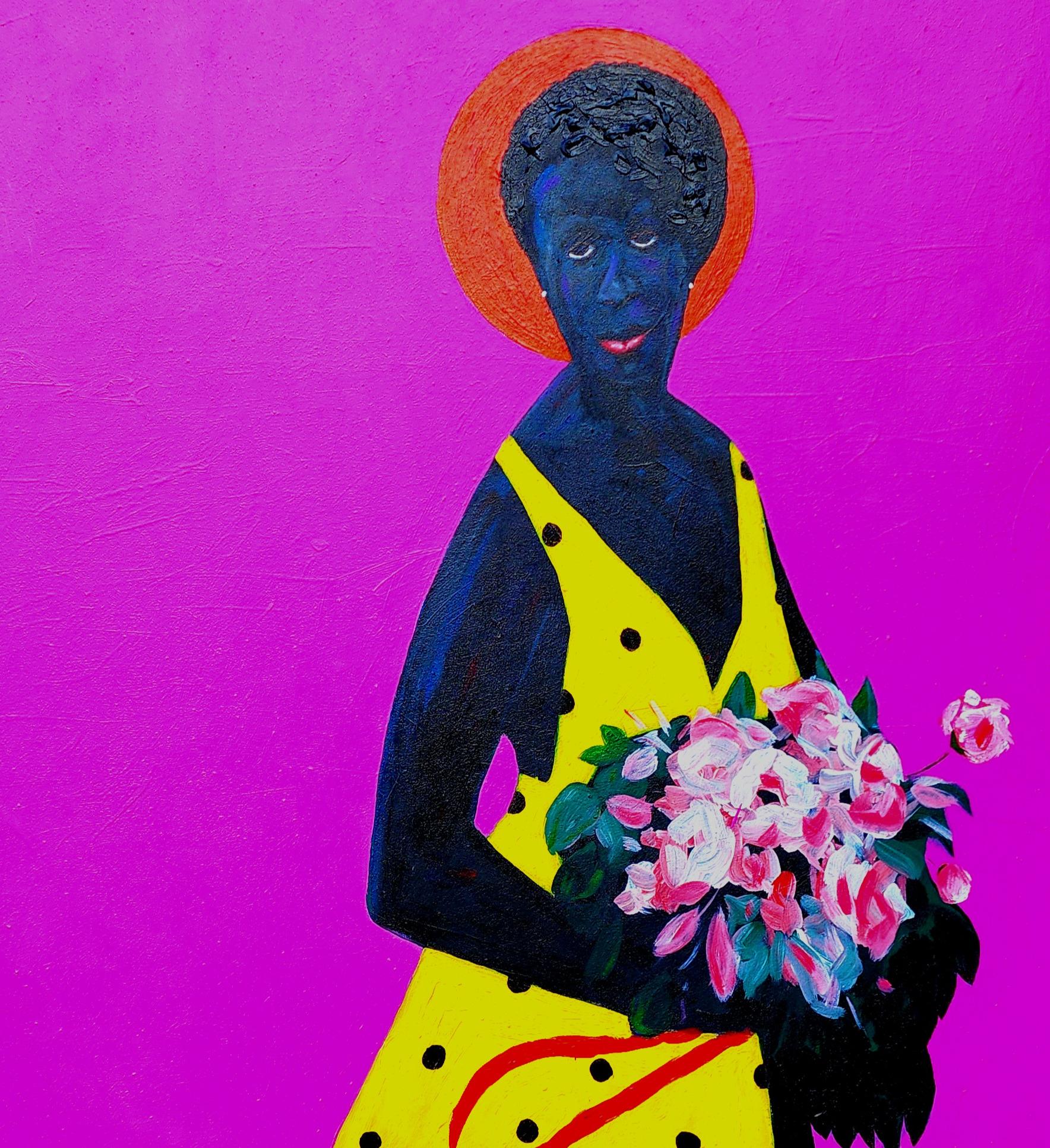 Viva - 21° secolo, Contemporaneo, Figurativo, Ritratto di donna con fiori - Portrait Painting Viola di Abayomi Odetomi