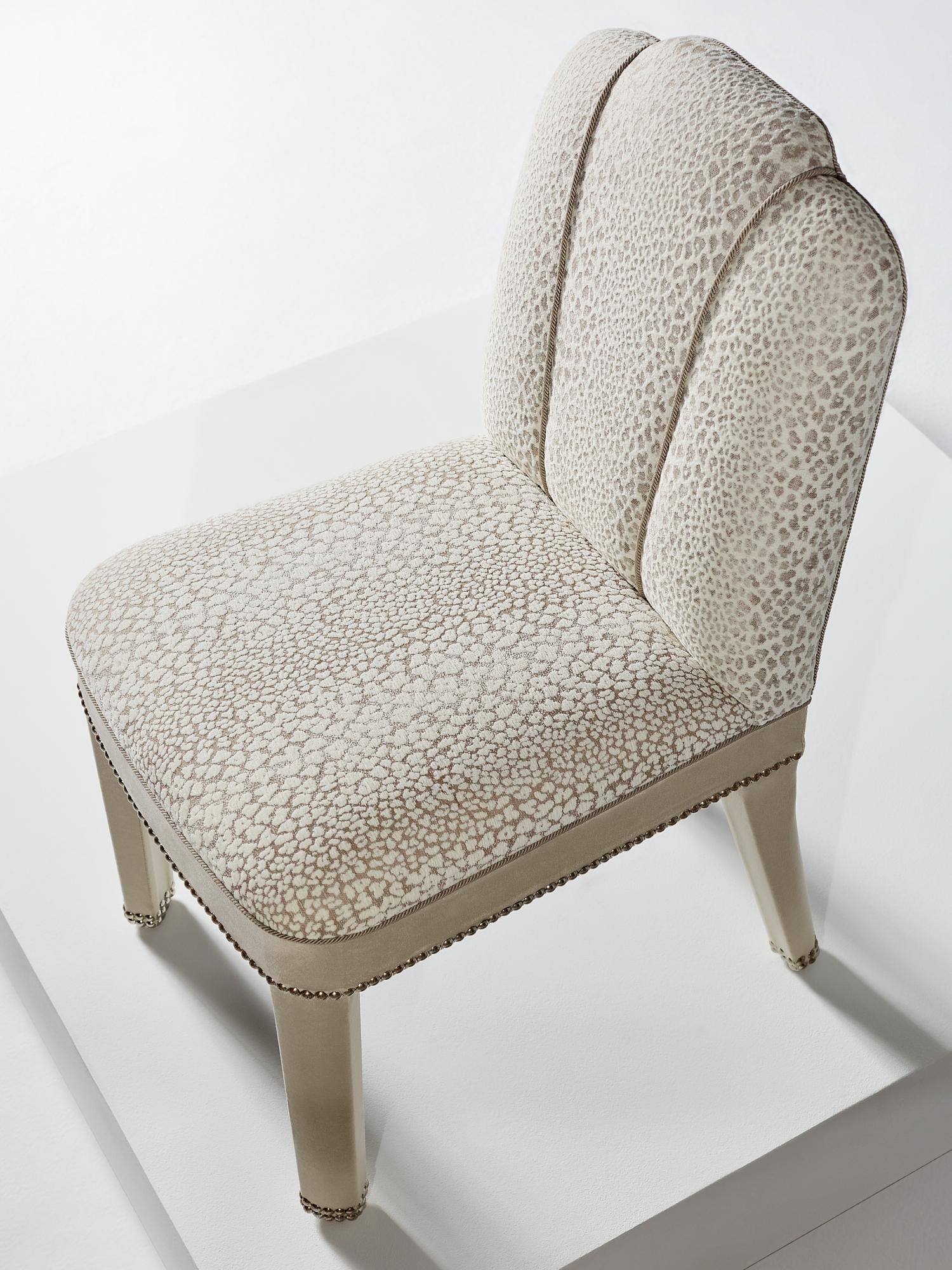 British Abbas Dining Chair, Fully Upholstered in White Velvet with Chrome Nail Heads For Sale