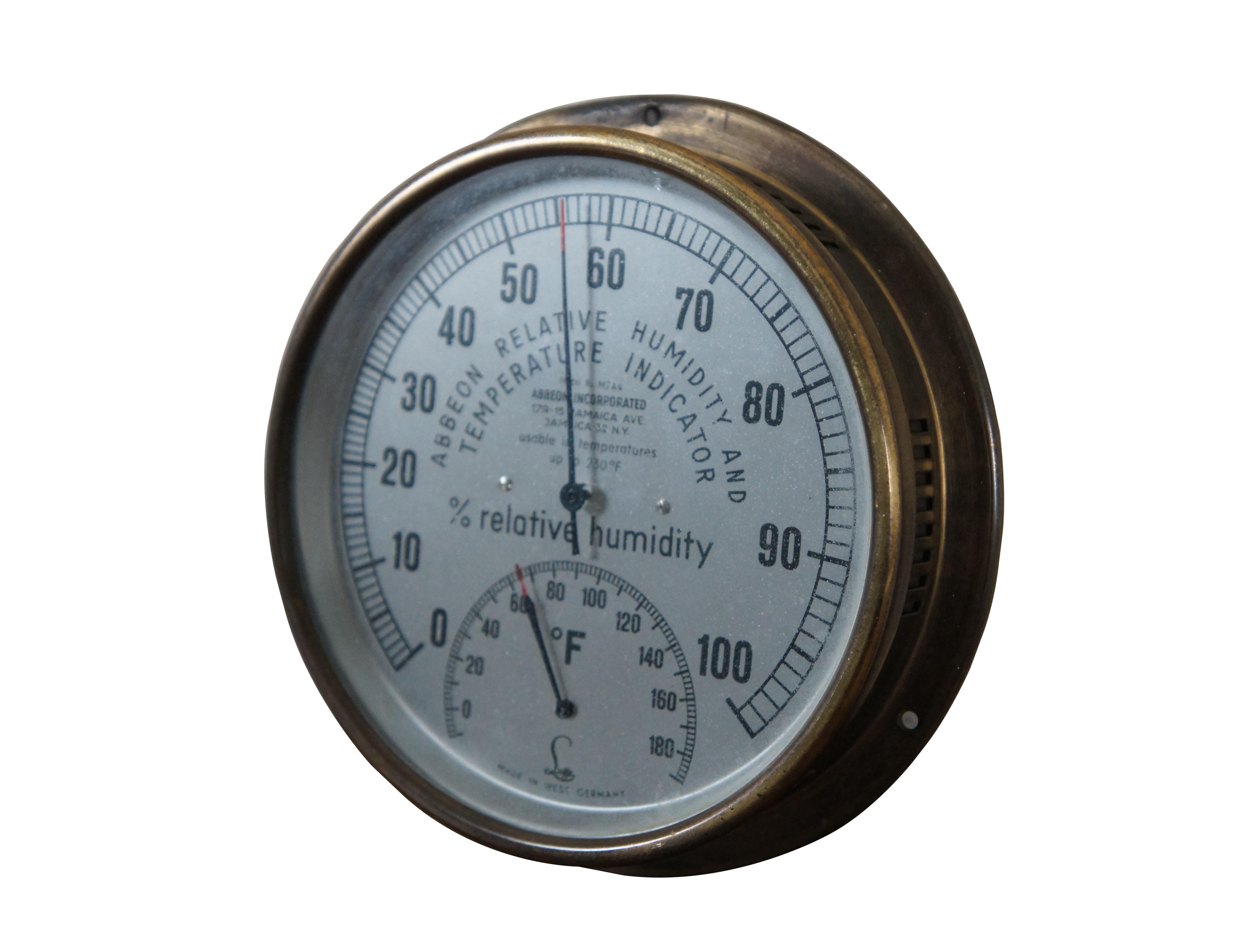 Mid 20th century Abbeon Relative Humidity and Temperature Indicator (hygrometer), Model No. M2A4. Lufft - Made in West Germany. Previously owned by the Pathology Department at U of U (University of Utah). Features a brass casing and white face with