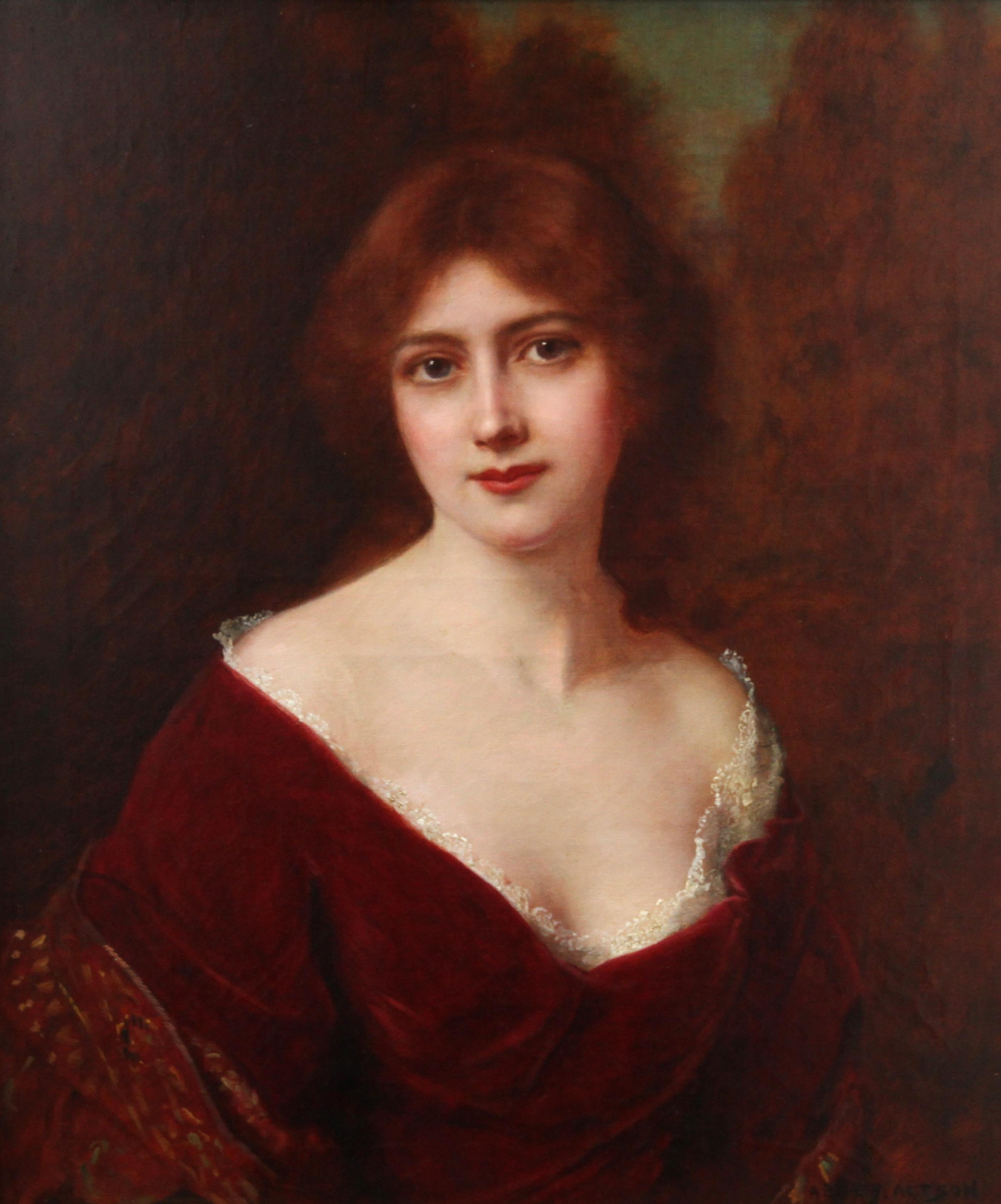 Portrait d'une dame en robe rouge - peinture à l'huile de l'art victorien britannique - Painting de Abbey Altson