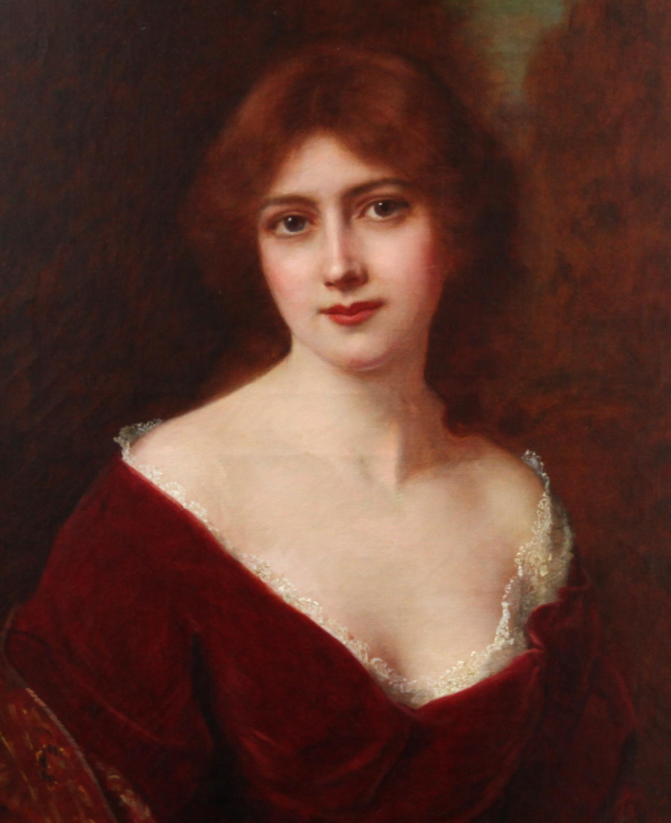 Portrait d'une dame en robe rouge - peinture à l'huile de l'art victorien britannique - Victorien Painting par Abbey Altson