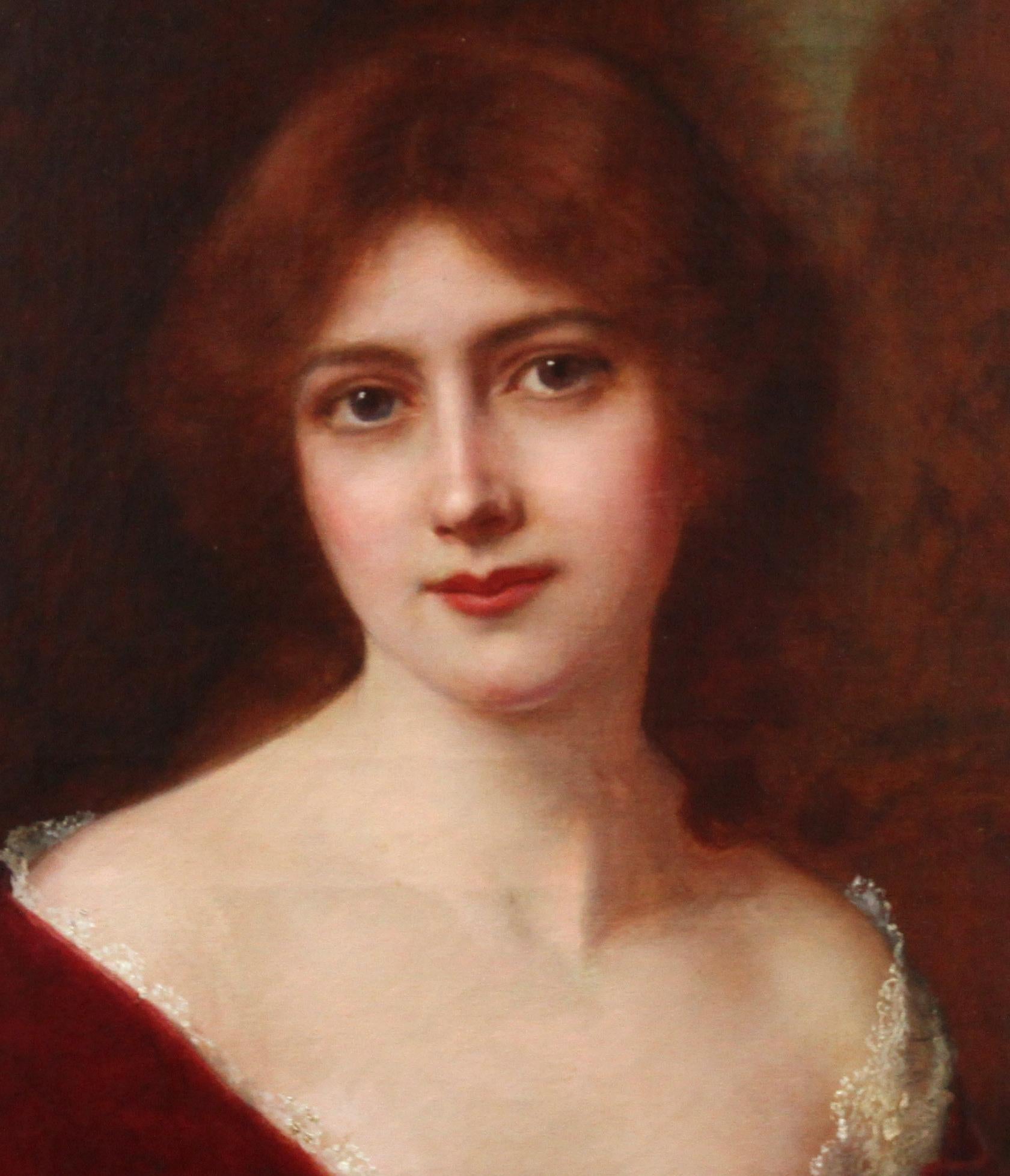 Portrait d'une dame en robe rouge - peinture à l'huile de l'art victorien britannique - Marron Portrait Painting par Abbey Altson