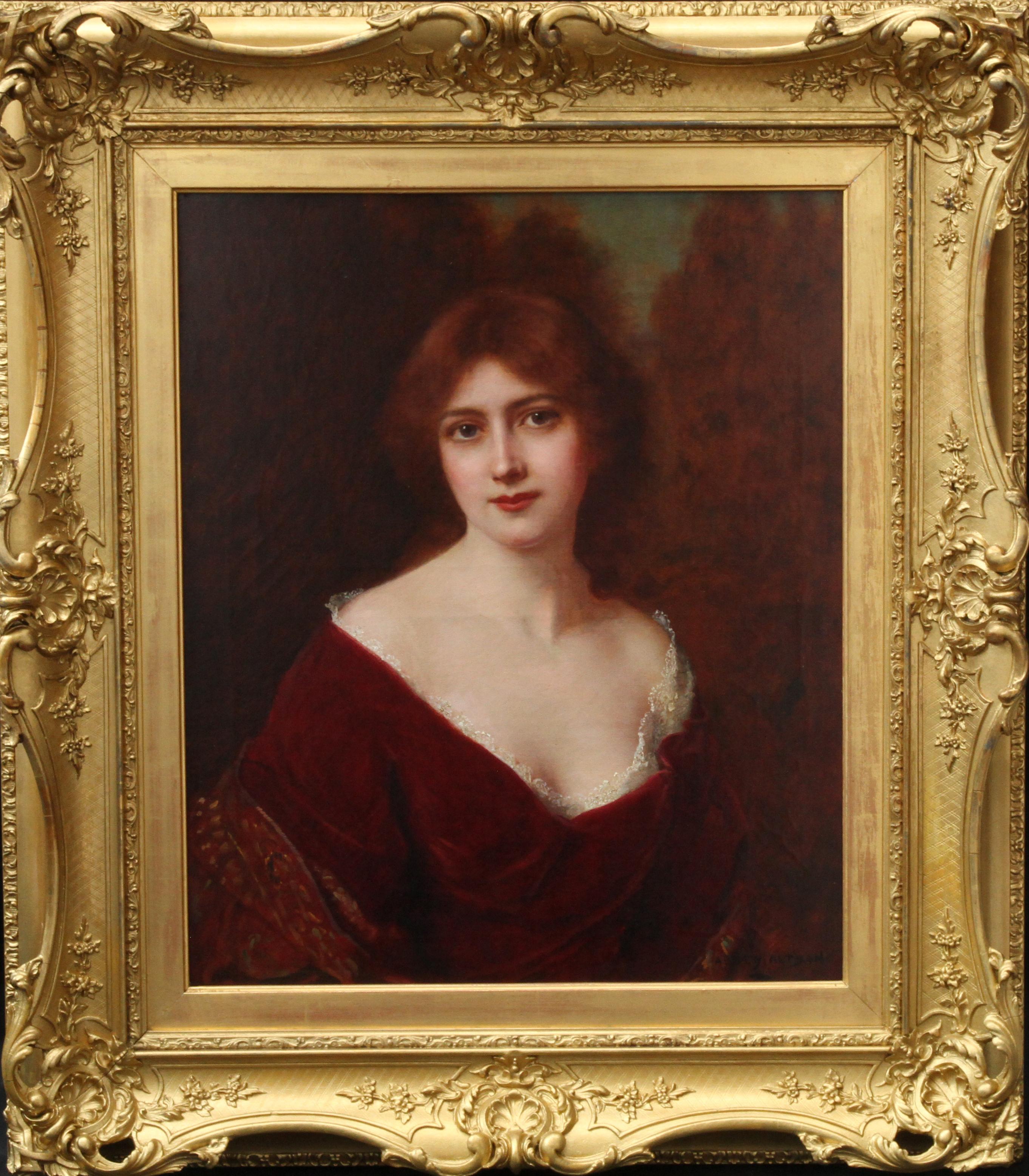 Portrait Painting Abbey Altson - Portrait d'une dame en robe rouge - peinture à l'huile de l'art victorien britannique
