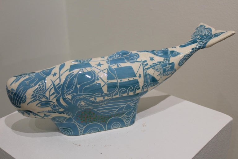 Whale-Blue with Boat and Squid - Sculpture by Abbey Kuhe