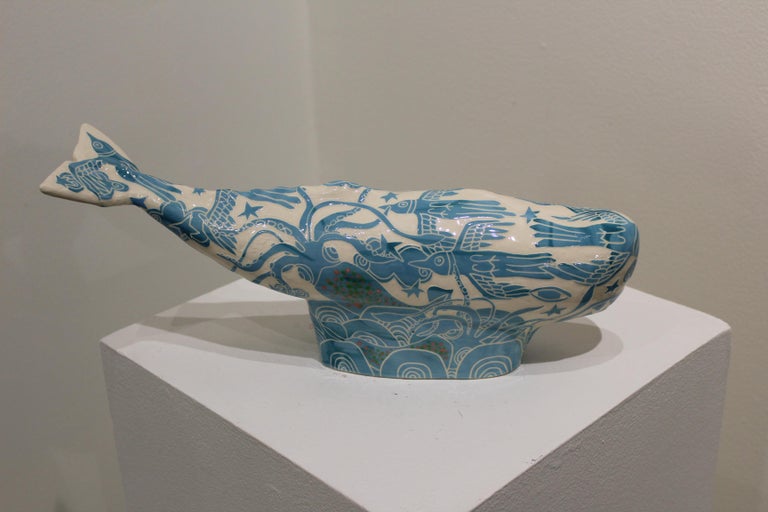 Whale-Blue with Boat and Squid - Gray Figurative Sculpture by Abbey Kuhe