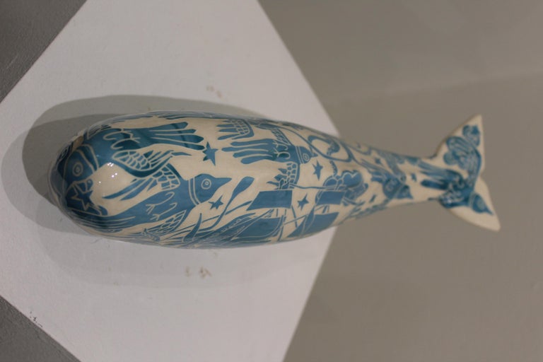 Sgrafitto design, hand-carved, porcelain whale