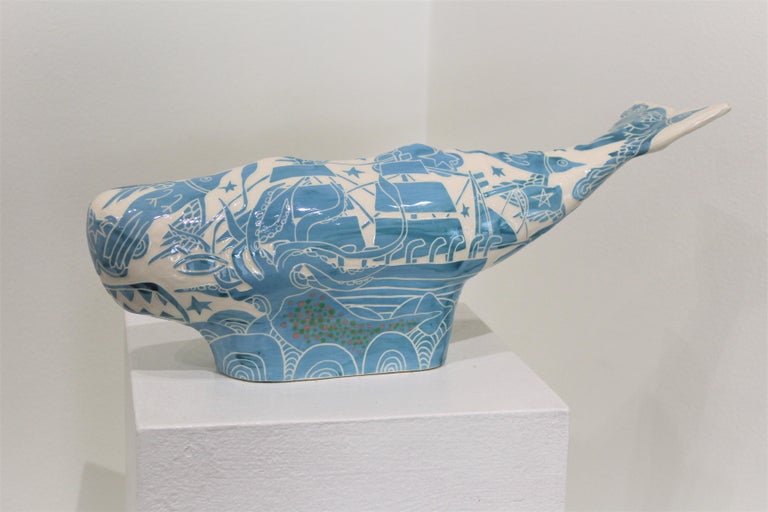 Abbey Kuhe Figurative Sculpture - Whale-Blue with Boat and Squid