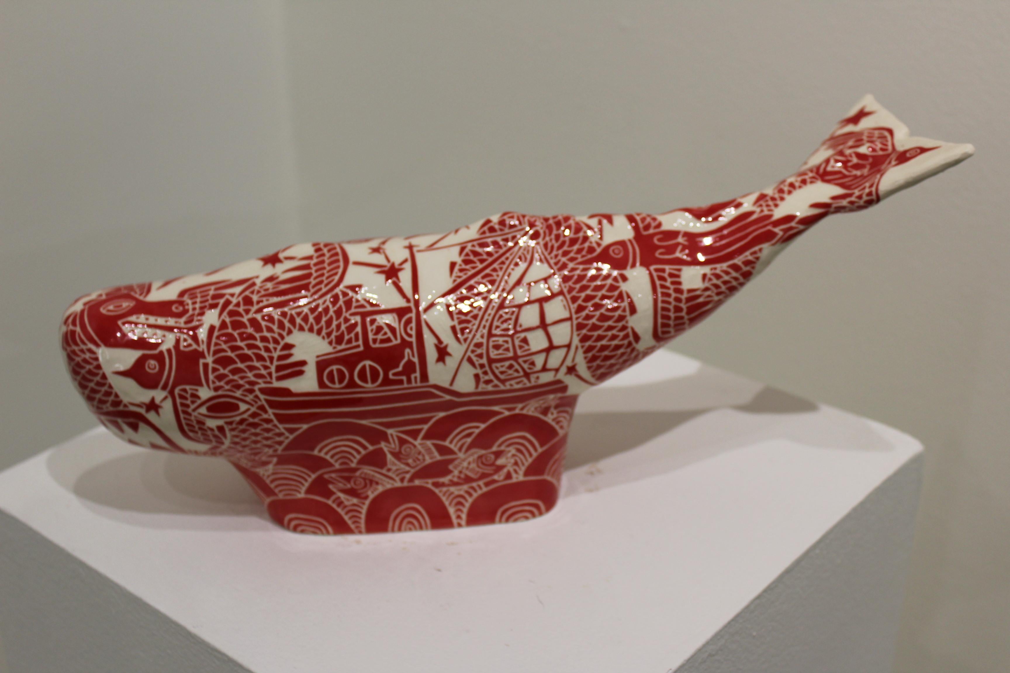 Whale-Red with Boat and Serpent - Gray Figurative Sculpture by Abbey Kuhe