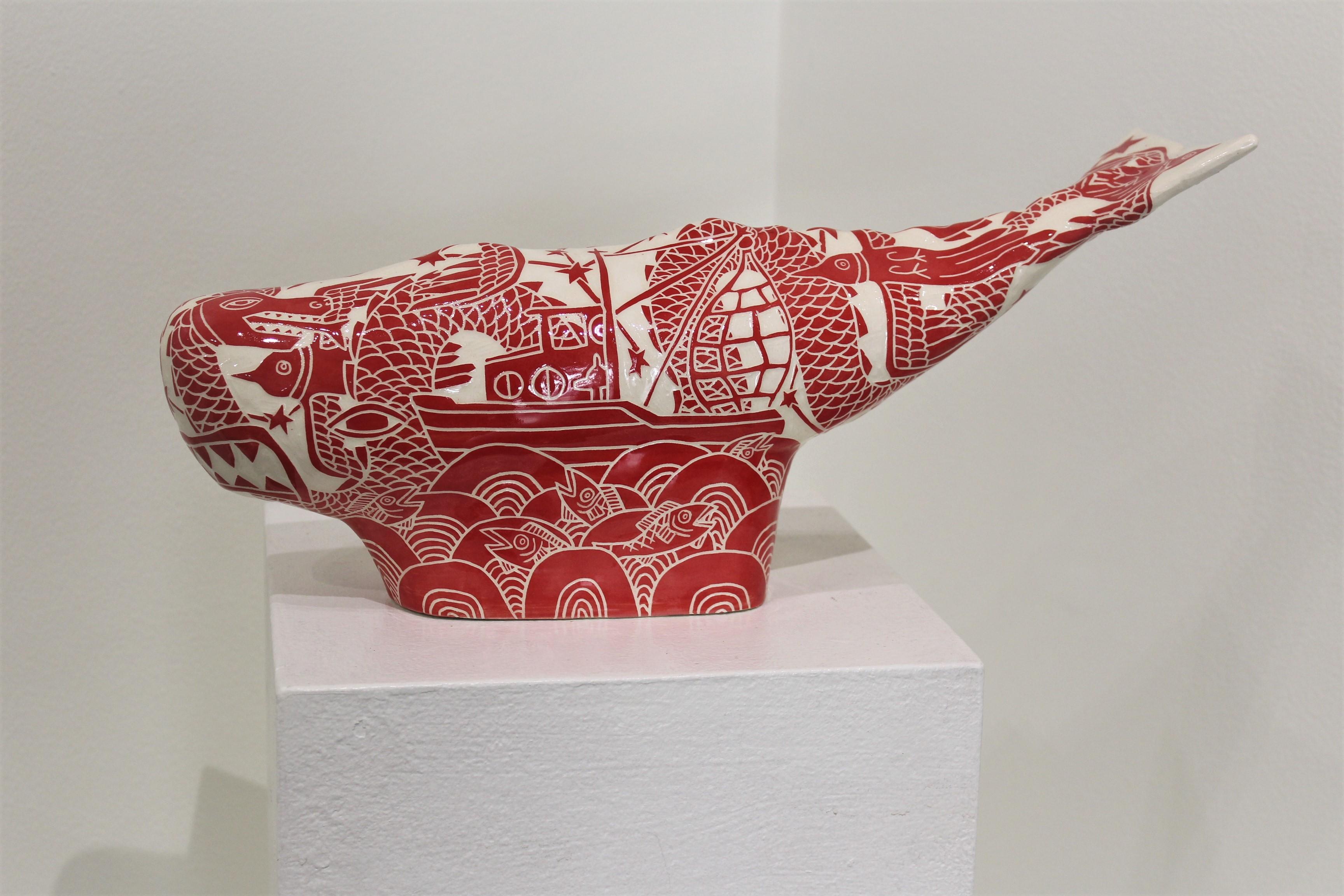 Abbey Kuhe Figurative Sculpture - Whale-Red with Boat and Serpent