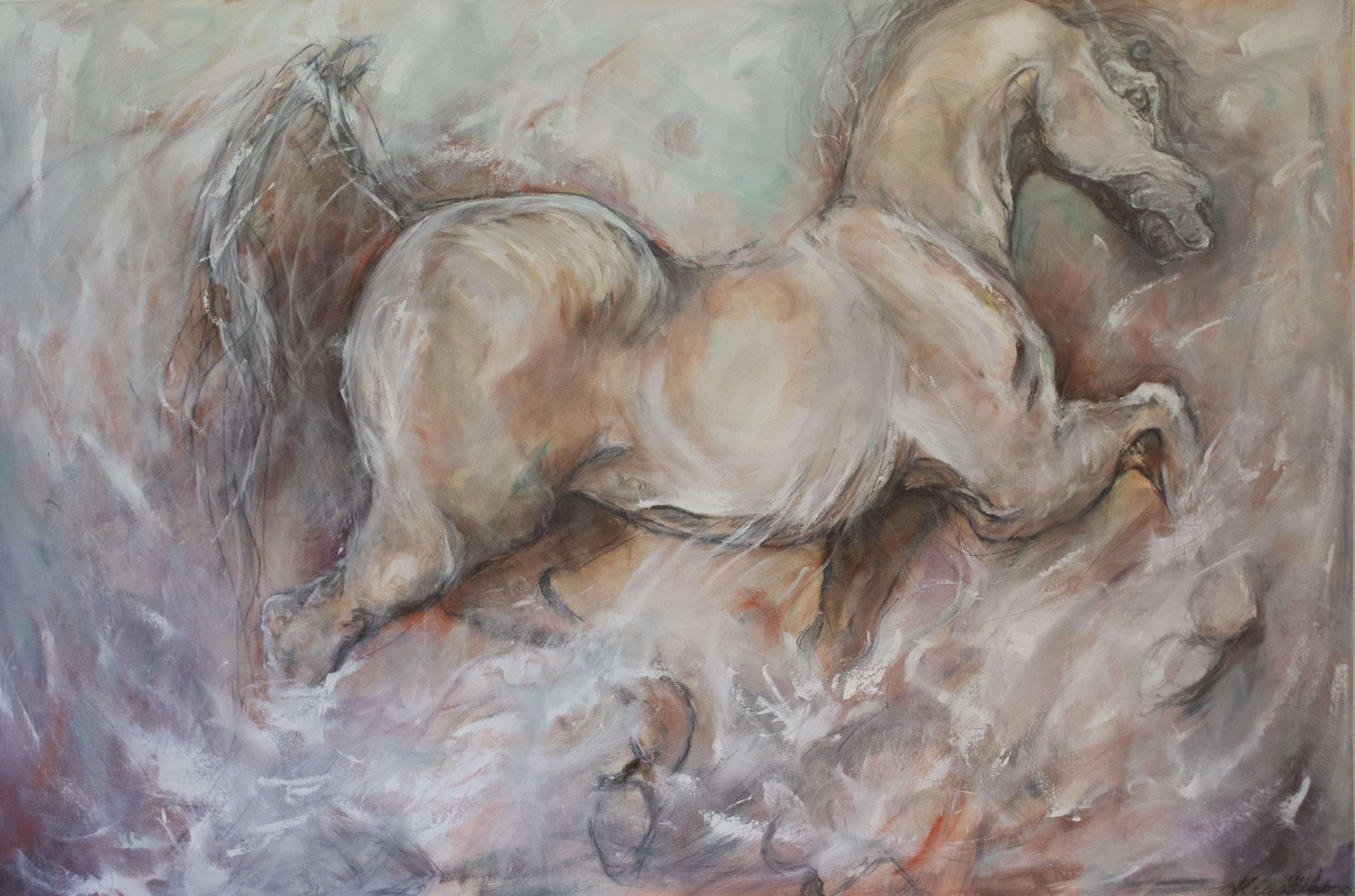 Abbie Gibson Animal Painting – Ein zeitgenössisches Pferdegemälde in eleganten neutralen Farben weckt Emotionen