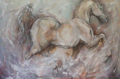 Dans d'élégantes couleurs neutres, une peinture gestuelle contemporaine de chevaux suscite l'Elegance.