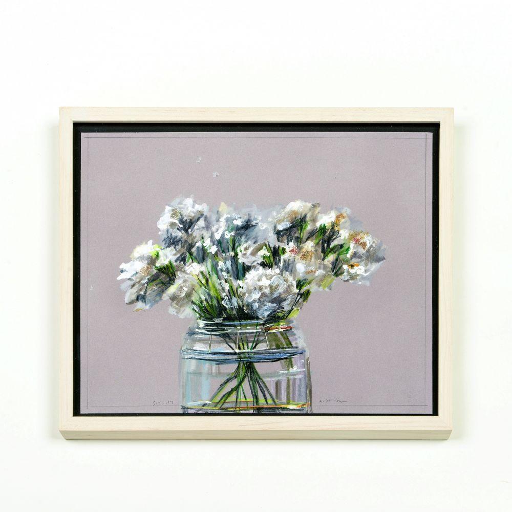 LITTLE WHITE CHRYSANTHEMUMS, IN GLASS JAR, 3.14.17 - Painting by Abbie Zabar